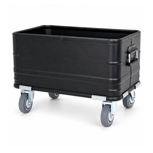 Black open-top aluminum rolling storage bin, shown empty