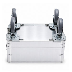 Underside of the silver bin showing four caster assemblies