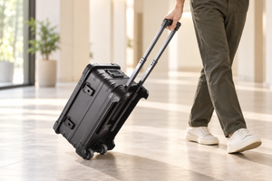 Black aluminum rolling case being pulled with its extended telescopic handle in an indoor lifestyle scene