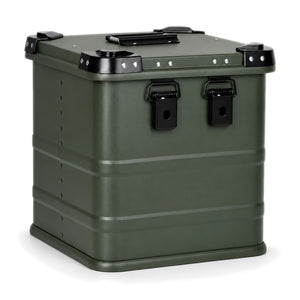 Olive green aluminum vinyl record storage box with black latches and folding top handle