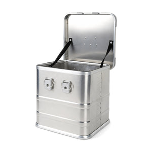 Open silver 345CD vinyl record box showing empty aluminum interior and two lid support straps