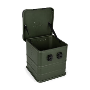 Open olive green 345CD vinyl record box viewed from above, showing empty metal interior