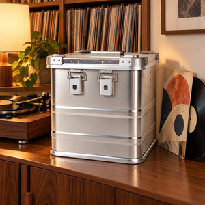 Closed silver aluminum vinyl record box with folding handle beside a turntable and large LP sleeve