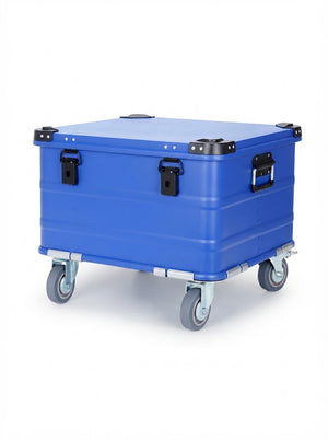 Blue BORY 504030 aluminum storage box with four 4-inch casters, closed lid and two front latches; actual product photo.