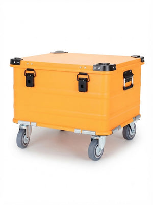Orange BORY 504030 aluminum storage box with four 4-inch casters, closed lid and two front latches; actual product photo.