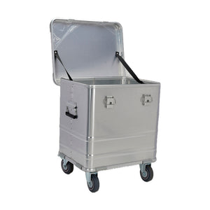 Open silver BORY 504045 aluminum storage box showing the empty metal interior and two black lid-support straps.