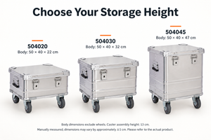 Silver BORY 504020, 504030 and 504045 storage boxes compared: body dimensions 50 × 40 × 22, 32 or 47 cm; wheels add 13 cm. Manual measurements may vary by approximately ±1 cm.