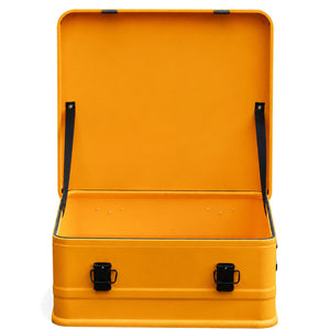 Open orange BORY 565020 shallow aluminum case with empty interior and lid stay straps