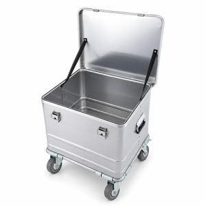 Open silver BORY 565045 bottom case with empty aluminum interior and four-inch caster assembly