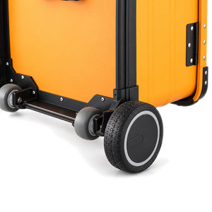Close-up of the Sand Orange case wheel assembly with a 5-inch outer main wheel and smaller inner wheels