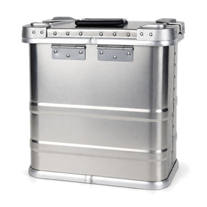 Rear view of the silver aluminum wine case showing hinges and carry handle