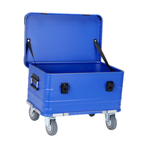 Empty sapphire blue aluminum trunk interior with black lid-support straps; no dividers or lining