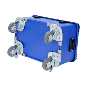 Underside of sapphire blue aluminum storage trunk showing four caster wheels and metal mounting brackets