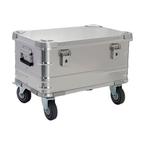 Silver BORY 60L-series aluminum storage trunk with four-inch casters and closed hinged lid