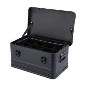 Black aluminum equipment case with padded divider insert installed