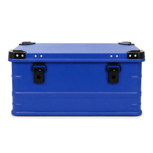 Sapphire blue aluminum equipment case exterior, standard configuration without wheels or trolley handle