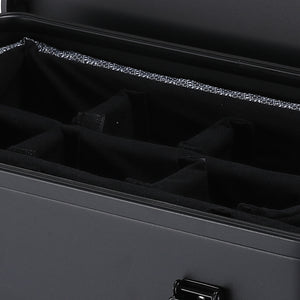 Close-up of the black padded compartments inside the removable equipment case insert