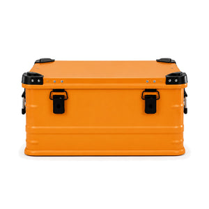 Orange aluminum equipment case exterior, standard configuration without wheels or trolley handle