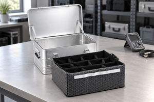 AI-created equipment preparation scene showing a silver aluminum case and its removable padded divider insert