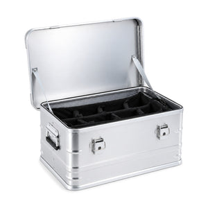 Silver aluminum equipment case with padded divider insert installed