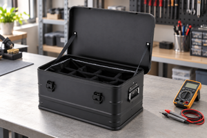 AI-created workbench scene of a black aluminum equipment case with padded dividers; meter and cable are not included