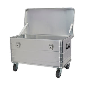 Empty interior of the included long trunk · 90l series, with hinged lid and two support straps; no foam or dividers supplied