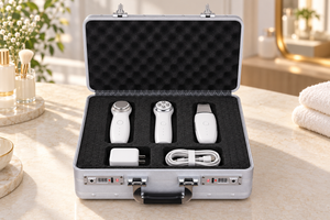 AI-created layout example with handheld beauty devices, a charger and cable separated in foam inside a BORY aluminum case; devices not included
