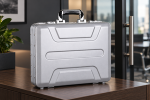 BORY 4350 silver aluminum briefcase standing on an office desk in an AI-created business setting