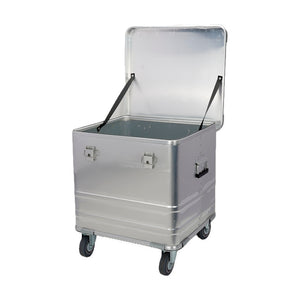 Included silver taller 565045 aluminum case shown open and empty with four bottom casters and two black lid support straps