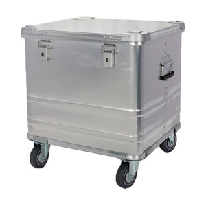 Included silver taller case showing two front latches, side handle, two lower reinforcing rib bands and caster base