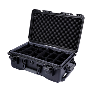 Black BORY FR1 rolling camera hard case with wave foam in the lid and a padded divider insert