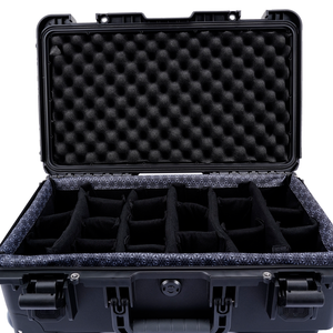 Close-up of the wave foam lid lining and padded divider compartments inside the FR1 camera case