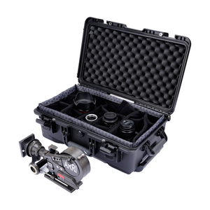 Camera displayed beside the open FR1 case with lenses separated inside its divider insert; cameras and lenses are not included