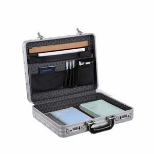 BORY 4350 silver aluminum document storage box with lid organizer; passport, papers and pens shown as styling props