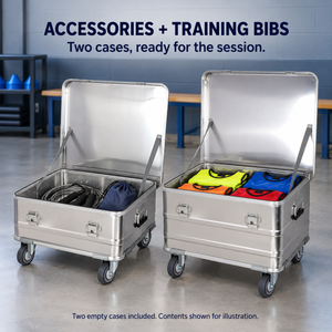 BORY 2-Piece Aluminum Rolling Storage Box Set for Club Training Gear shown open with example accessory kit and bibs & session supplies; props, pouches and contents are not included