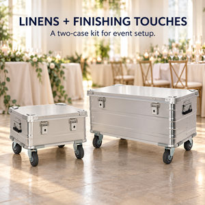 BORY 2-Piece Aluminum Rolling Storage Set for Wedding Decor Supplies in its intended setting; two empty silver cases with a caster base on each