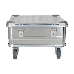 Included shallow case · 565020, silver aluminum with four-inch casters; actual product photograph