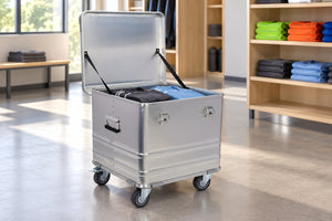 Silver BORY 565045 rolling case in a sports club equipment room; demonstration jerseys are not included