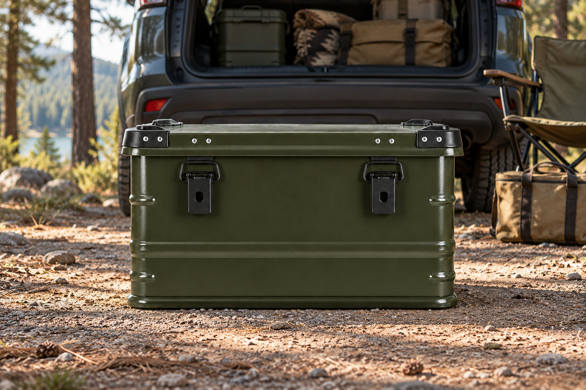 Green BORY 90L-series aluminum camping storage box beside an SUV at a dry campsite; illustrative scene, props not included