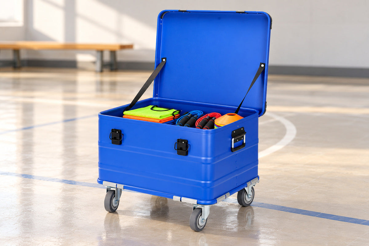 Blue BORY 565030 aluminum rolling storage box holding example training accessories in an indoor sports area; contents not included