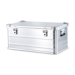 Single silver 90L standard-height aluminum storage box, closed with front latches and side handle