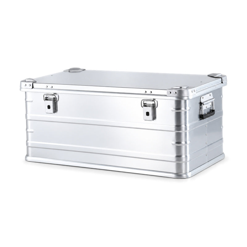 Single silver 90L standard-height aluminum storage box, closed with front latches and side handle