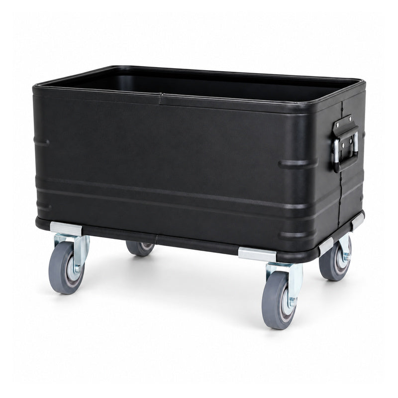 Black open-top aluminum rolling storage bin, shown empty