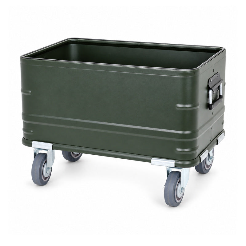Green open-top aluminum rolling storage bin, shown empty