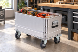 Silver rolling storage bin beside a workshop bench, holding a tool pouch and cable; props not included