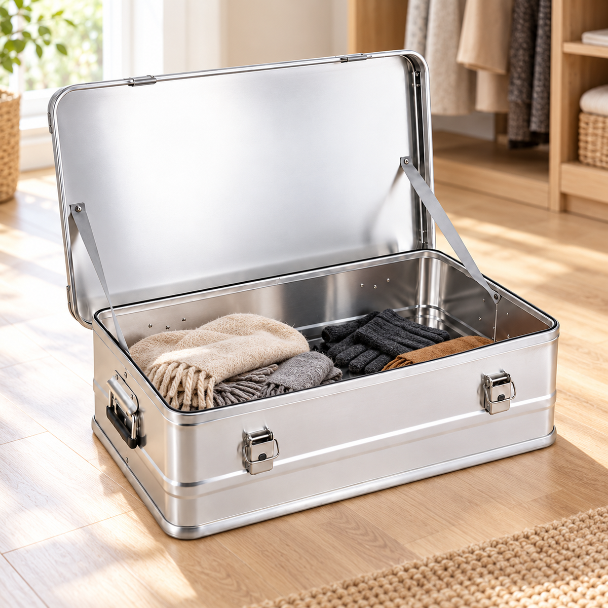 90L-200 low silver aluminum storage box holding scarves and gloves; contents for illustration only