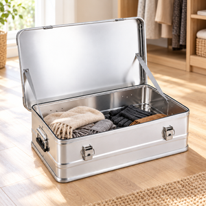 90L-200 low silver aluminum storage box holding scarves and gloves; contents for illustration only