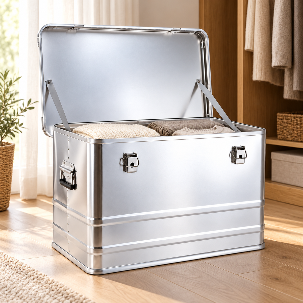90L450 tall silver aluminum storage box holding folded blankets and clothing; contents not included