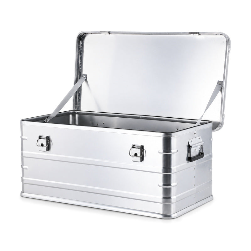 Open 90L standard aluminum storage box showing empty metal interior and lid support straps
