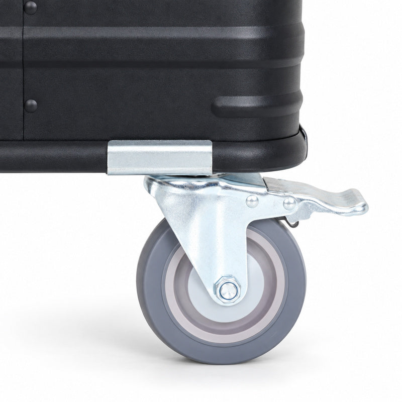Caster wheel and metal brake detail on the black rolling storage bin